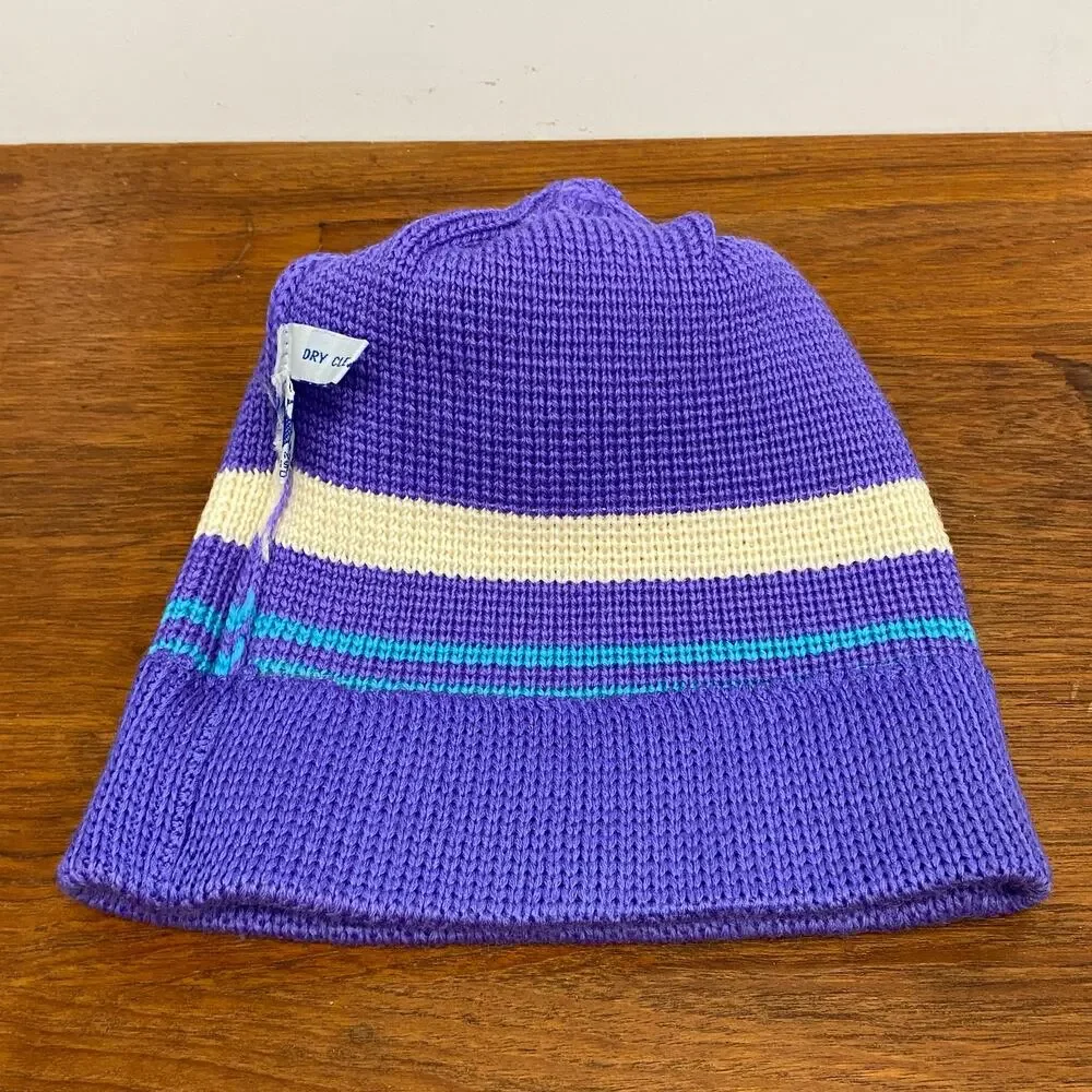 Vintage Meister 100% Wool Knit Pom Beanie Purple Blue‎ Striped Ski Hat Hong Kong